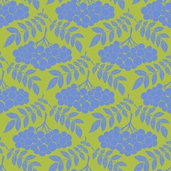 Monochrome seamless pattern with rowan bunches of berries and branches in blue and green colors. Perfect for textile, fabric, wallpapers, wrapping paper, furniture upholstery, scrapbooking