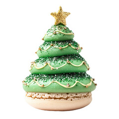 Christmas Tree Macaron: A delightful festive treat. Exquisite green macaron shaped as a Christmas tree, adorned with edible glitter and a golden star. Perfect for holiday baking blogs.