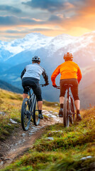 Obraz premium Mountain bikers support each other on rugged trails for adventure