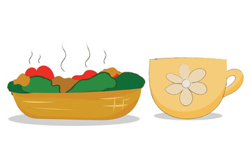 hand drawn art of vegetable salad with cup of tea. 
