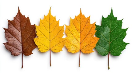 Fototapeta premium A photostock of colorful autumn leaves in a row on a white background, seasonal and vibrant.