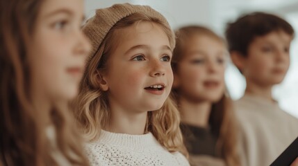 Obraz premium Children participating in a singing activity during a music class in a bright classroom setting.