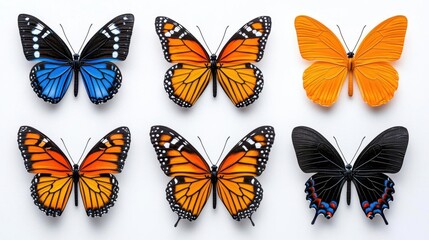A photostock of colorful butterflies on a white background, vibrant and close-up.