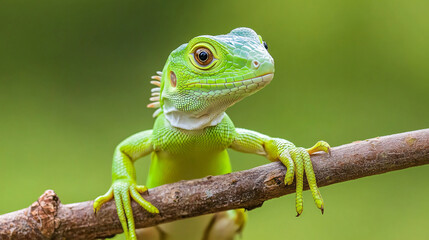 Obraz premium A baby green iguana clinging to a branch