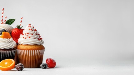 A photostock of colorful cupcakes on a white background, vibrant and festive.