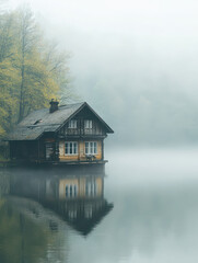 Fototapeta premium A serene wooden house by a misty lake, reflecting nature's tranquility.