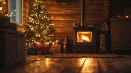 Rustic interior with a glowing tree and a cozy wood-burning stove.