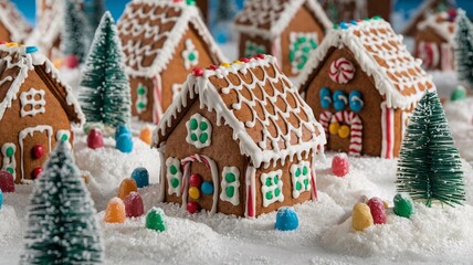 A charming gingerbread village with candy and trees on a snowy backdrop.
