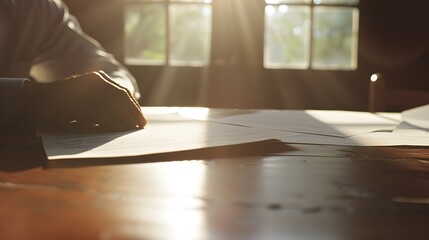 Fototapeta premium Government official reviewing health policy documents on a wooden desk, illuminated by soft sunlight streaming through the window. Office, working status, policy, decision-making, leadership