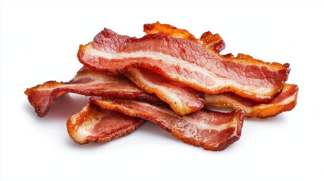 A photostock of crispy bacon slices on a white background, isolated and close-up.