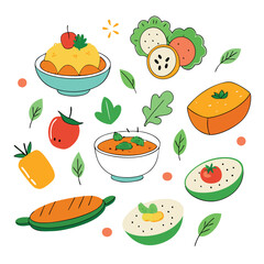 Vegetarian food dish collection Hand down on white background