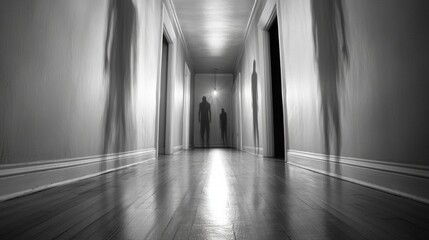 Eerie shadows cast in a dimly lit hallway create a haunting atmosphere, AI