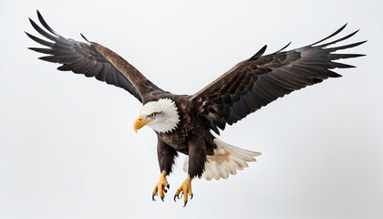 Obraz premium A bald eagle (haliaeetus leucocephalus) is flying on clean grey background. Suitable for marketing or business purposes. Panoramic banner with place for text