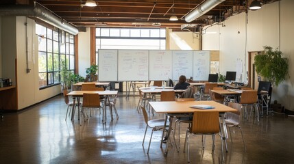 Fototapeta premium An empty meeting room with whiteboard and tables, a person is sitting at a computer.