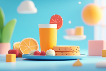 Brightly colored dessert scene with a refreshing drink and sweet treats on a blue background