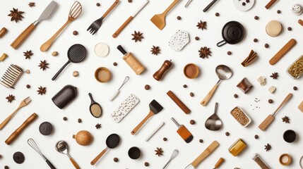 A flat lay arrangement of various cooking utensils and spices on a white background, showcasing a culinary theme with wooden and metal tools.