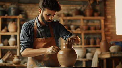 A young male craftsman in an apron is placing the upper section on a clay pot sitting on a pottery wheel while shaping earthenware in a studio.