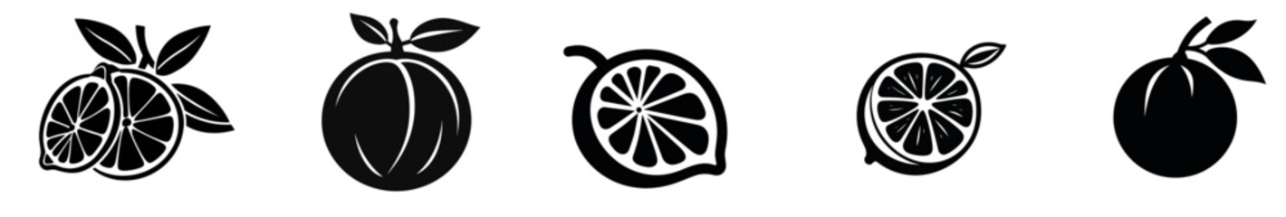  Collection of citrus slices - orange, lemon, lime and grapefruit, icons set, black isolated on white background, vector illustration.