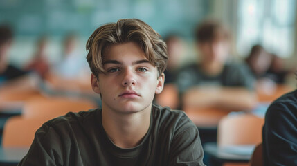 Fototapeta premium Challenges of studying and the need for rest and balance in academic life. Tired student sitting at a lecture in classroom, looking exhausted and overwhelmed. 