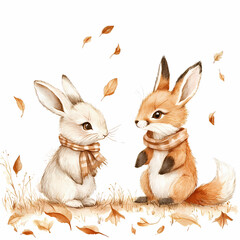 Fototapeta premium Fox and Bunny Cuddling Print – Perfect Cozy Decor for Kids’ Room or Nursery – generated AI