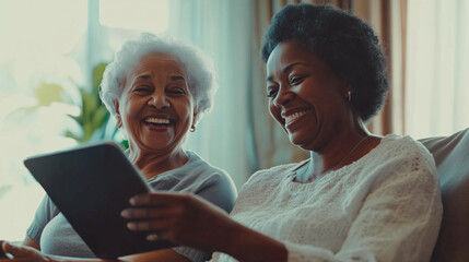 Caregiver and elderly African American woman enjoying a lighthearted interaction as they use a tablet together in a retirement home setting. The image emphasizes the role of techno