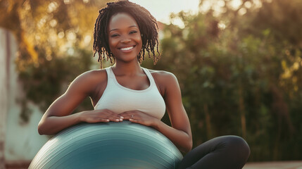Young pregnant woman smiling and balancing on a yoga ball, staying fit and strong for a healthy pregnancy. Embracing exercise and wellness, she shows a commitment to an active mate