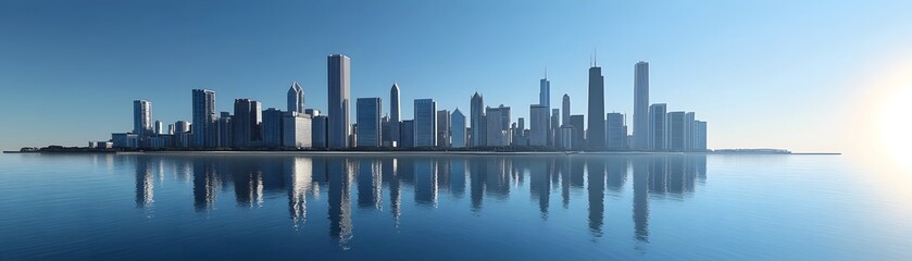 Fototapeta premium City Skyline Reflected in Calm Water with a Clear Blue Sky