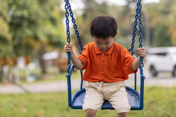 Joyful child swinging in the park at sunset