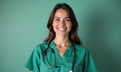 A smiling nurse wearing green scrubs and a stethoscope around her neck stands confidently against a light green background, radiating warmth and professionalism