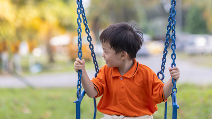 Joyful child swinging in the park at sunset