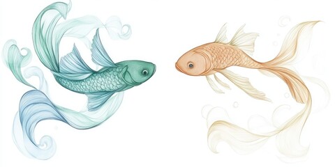 Naklejka premium Two stylized fish in contrasting green and orange tones, facing each other with flowing tails on a white background with copyspace