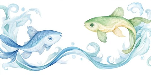 Fototapeta premium Two fish swimming towards each other with swirling water around, one in blue and the other in green, on a white background with copyspace