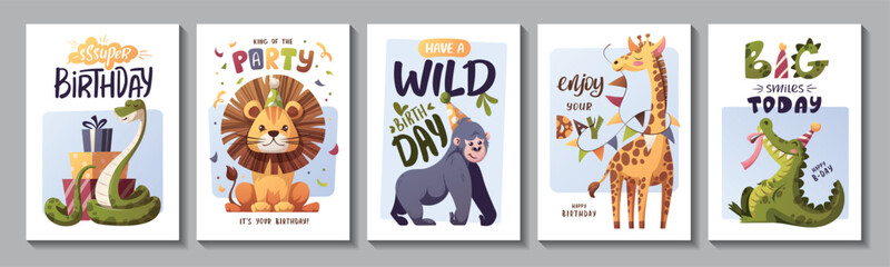 Set of Birthday greeting card with cute jungle animals. Crocodile, lion, snake, giraffe, gorilla monkey, gifts. Vector illustration. © TatyanaYagudina