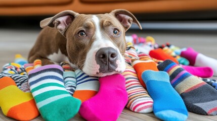 Playful dog surrounded by colorful socks on a wooden floor, AI