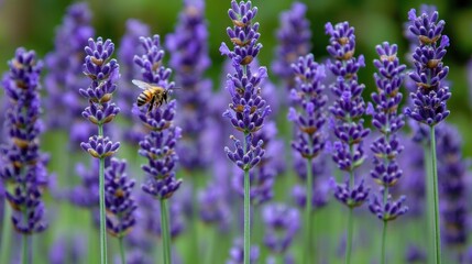 A bee pollinates lavender flowers in a field.