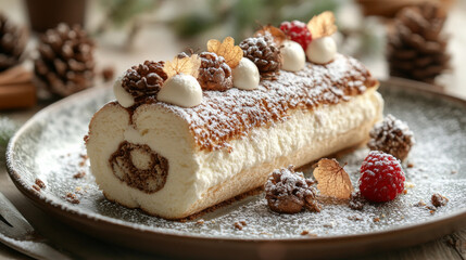 Yule log French Christmas cake dessert aka known as Buche de Noel with chocolate and berries