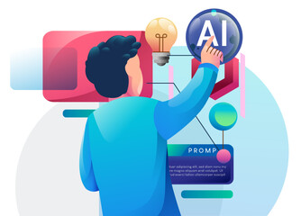 AI technology concept. People and artificial intelligence robots communication. Human using text and image chatbots for business help. Modern flat design illustration.