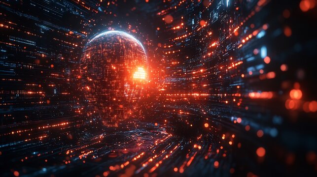 Artificial intelligence entity encircled digital data and protective shields symbolizing AIs role in threat prediction and cybersecurity