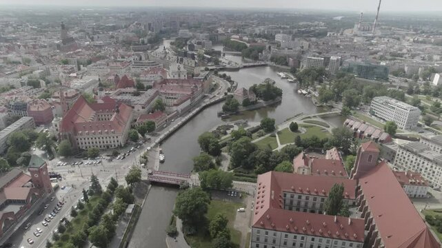 River through European city 4k drone footage Dlog 10 Bit ungraded