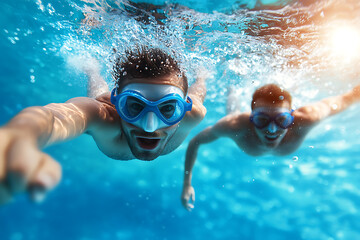Naklejka premium Swimmers dive in unison into olympic-sized outdoor pool