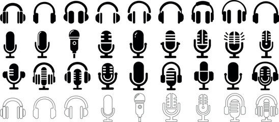 Microphone and headphone icons silhouette. Perfect mic set for audio, music, and podcast themes, diverse styles for sound recording, streaming, and multimedia projects