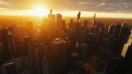 City skyline at sunset with dramatic lighting.