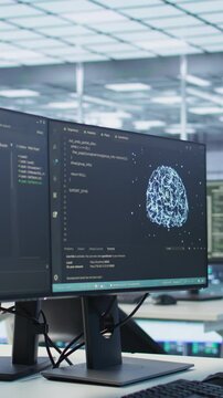 Interlinked computers in data center creating server network, using parallel computing to perform complex calculations and process large amounts of data, close up panning shot