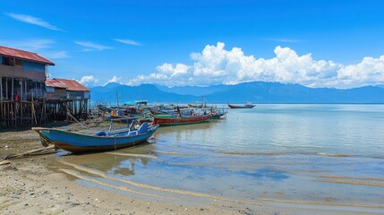 Obraz premium Scenic coastal view with fishing boats and mountains.