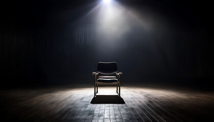 Dramatic Empty Chair Under Spotlight in Dark Room
