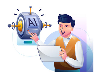 AI technology concept. People and artificial intelligence robots communication. Human using text and image chatbots for business help. Modern flat design illustration.