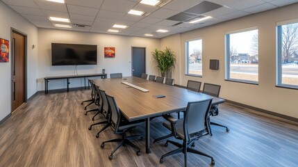Modern conference room with large table, chairs, and windows.