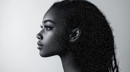 Black and white portrait of a woman with a digital overlay on her face.