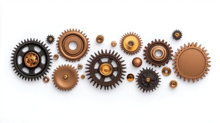 A photostock of industrial gears on a white background, metallic and detailed.