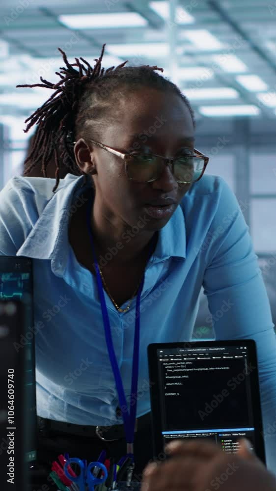 Aufkleber system administrator working with colleague in data center providing computing resources for differe